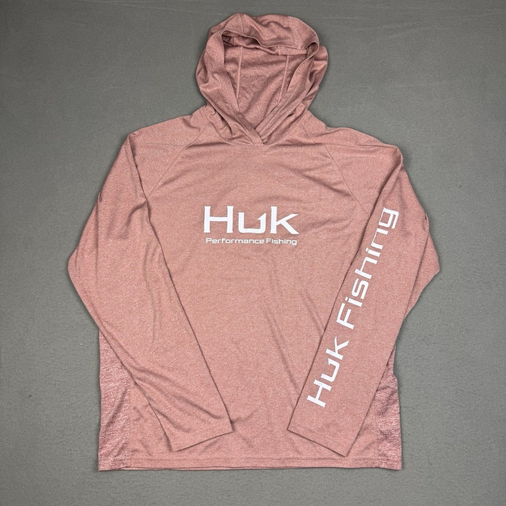 Huk Performance Fishing Outdoor Hoodie Mens L Pink Salmon Long Sleeve Sun Shirt